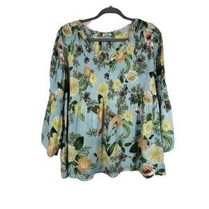 Spense Boho Floral Blouse Medium Blue Pleated Bell Sleeve Cottagecore Peasant